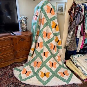 Handmade Butterfly Quilt Throw in Peach, Yellow & Green